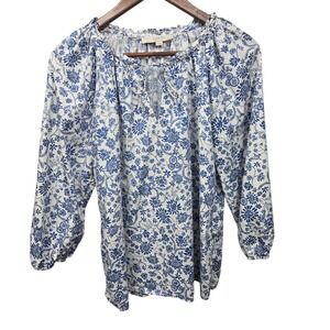 LOFT Blue White Floral Cotton Modal Peasant Blouse Womens Size M Tie Neck Top